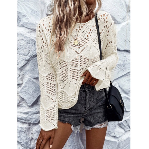 Off White Hollow Out Knit Long Bell Sleeve Pullover Light Sweater - Picture 2 of 8